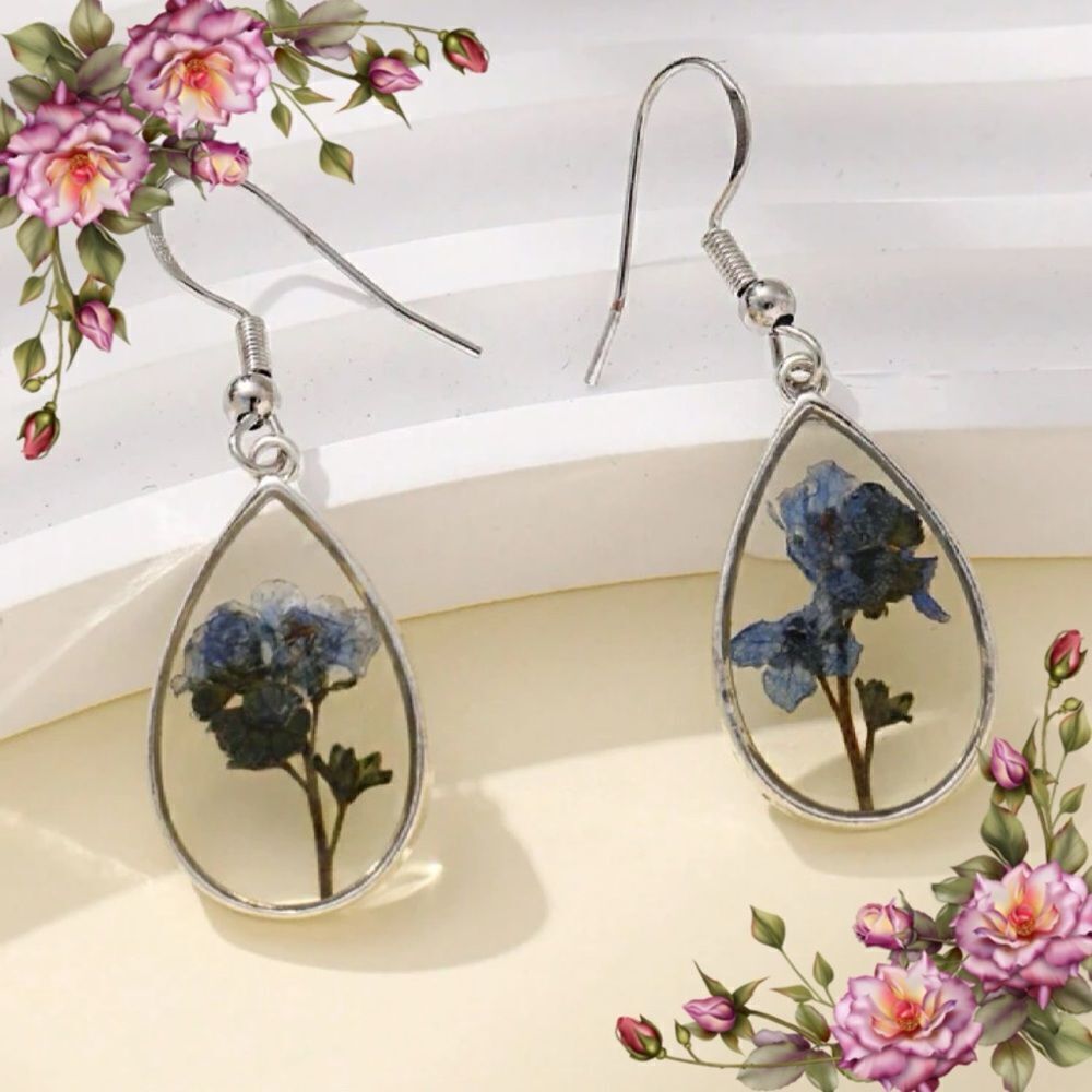 Dried Flower Pressed Resin Forget‎ Me Not Drop Earrings 925 Sterling Silver
